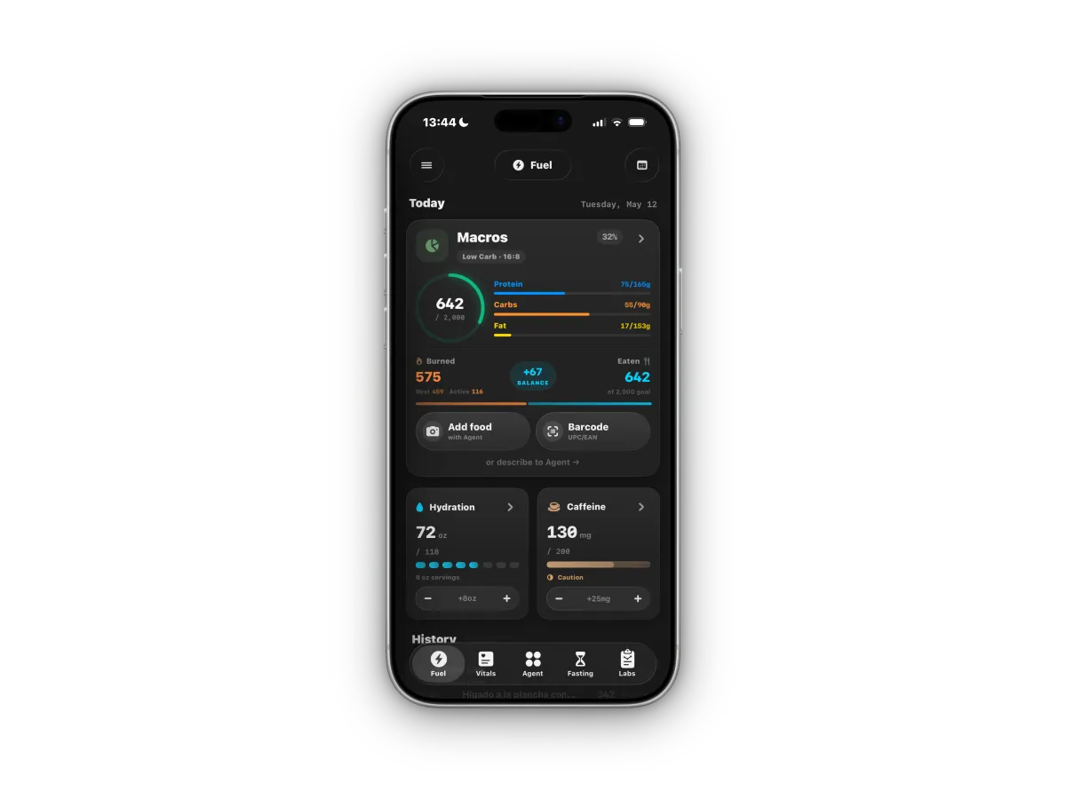 Fuel dashboard with macros, hydration and caffeine