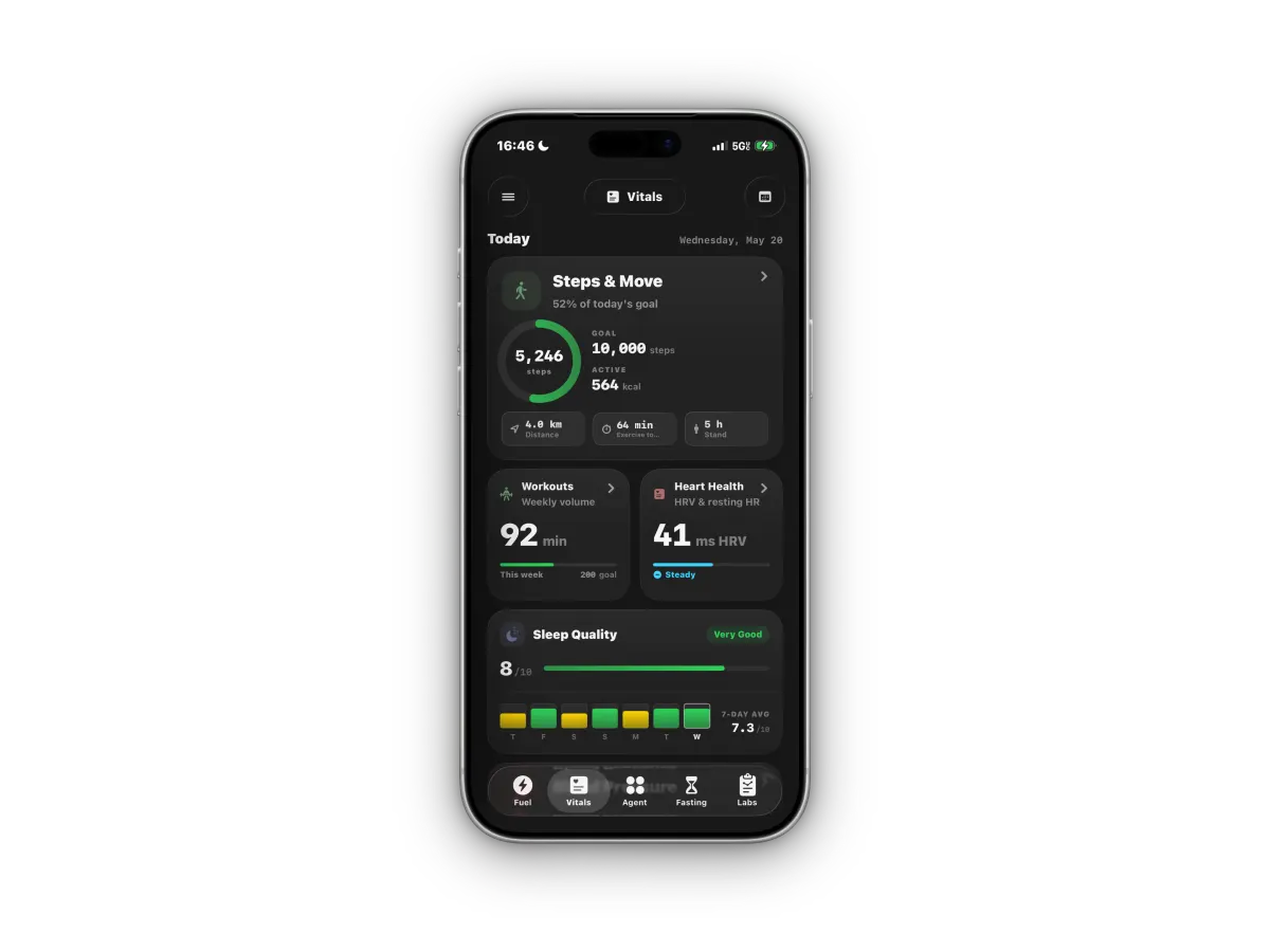 Vitals dashboard with steps, workouts and heart health