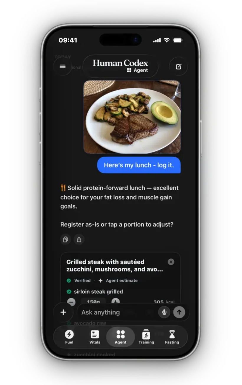Agent logging a meal from a photo with macro estimates