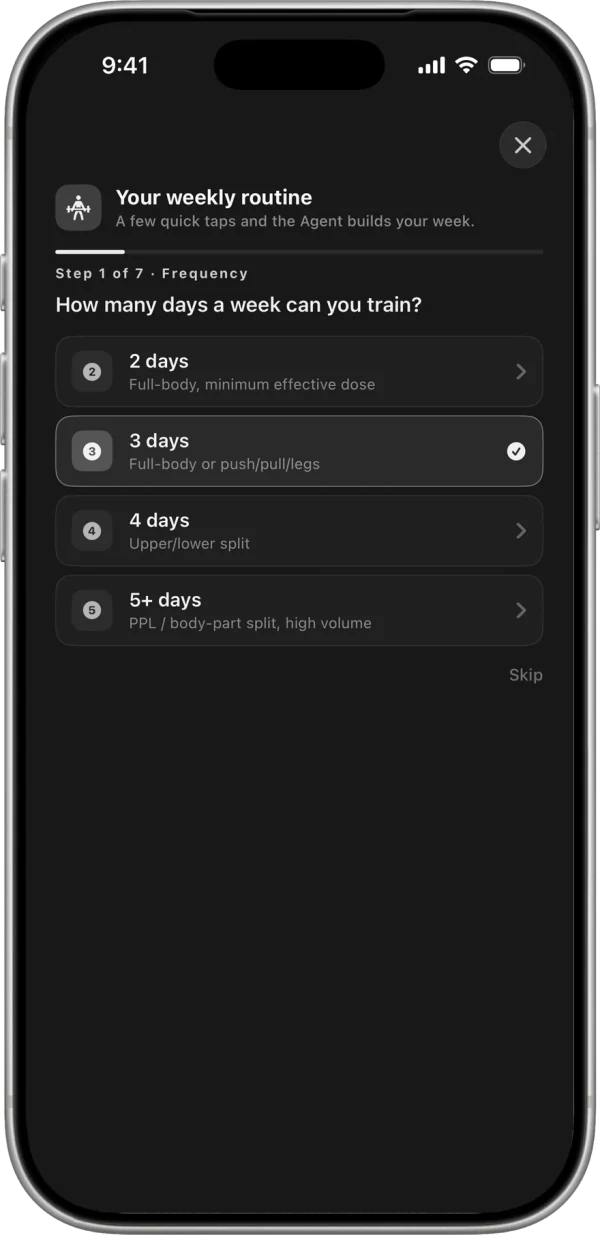 The routine wizard asking how many days a week you can train, with 3 days selected