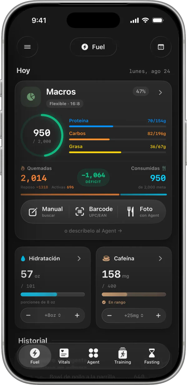 Panel de Fuel con macros, hidratación y cafeína