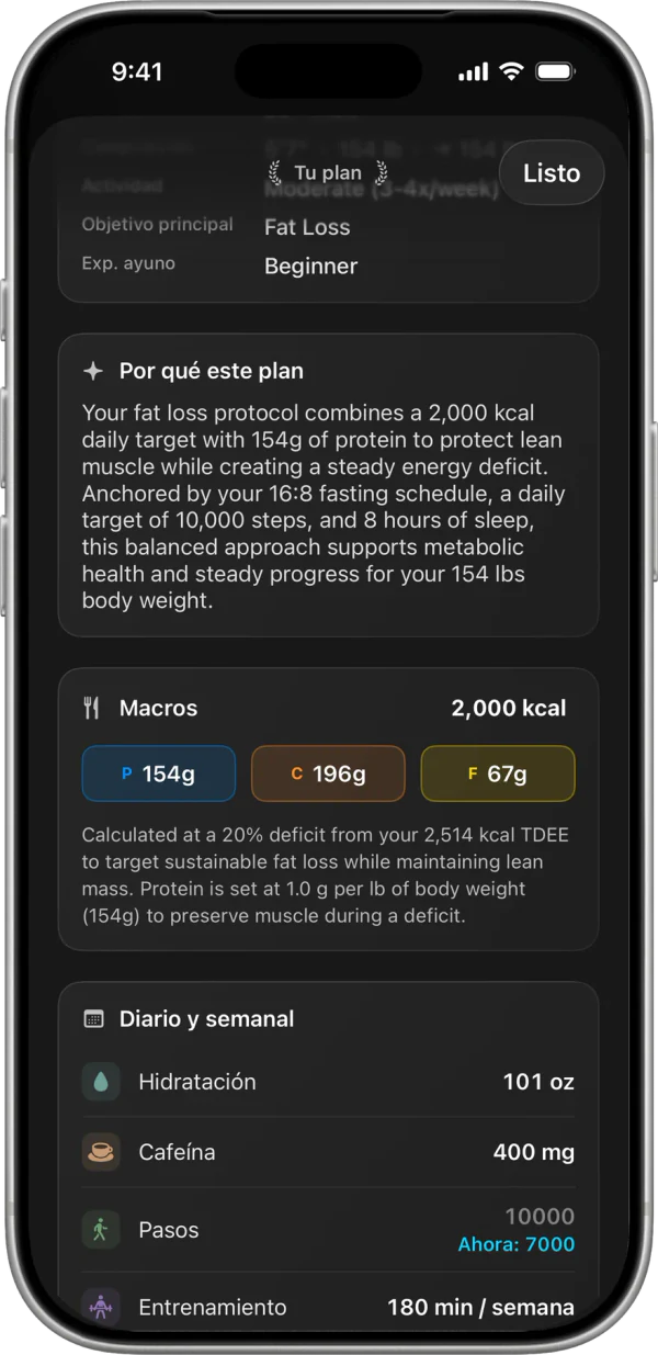 Health Plan explicando el razonamiento detrás de las metas de calorías, proteína y actividad