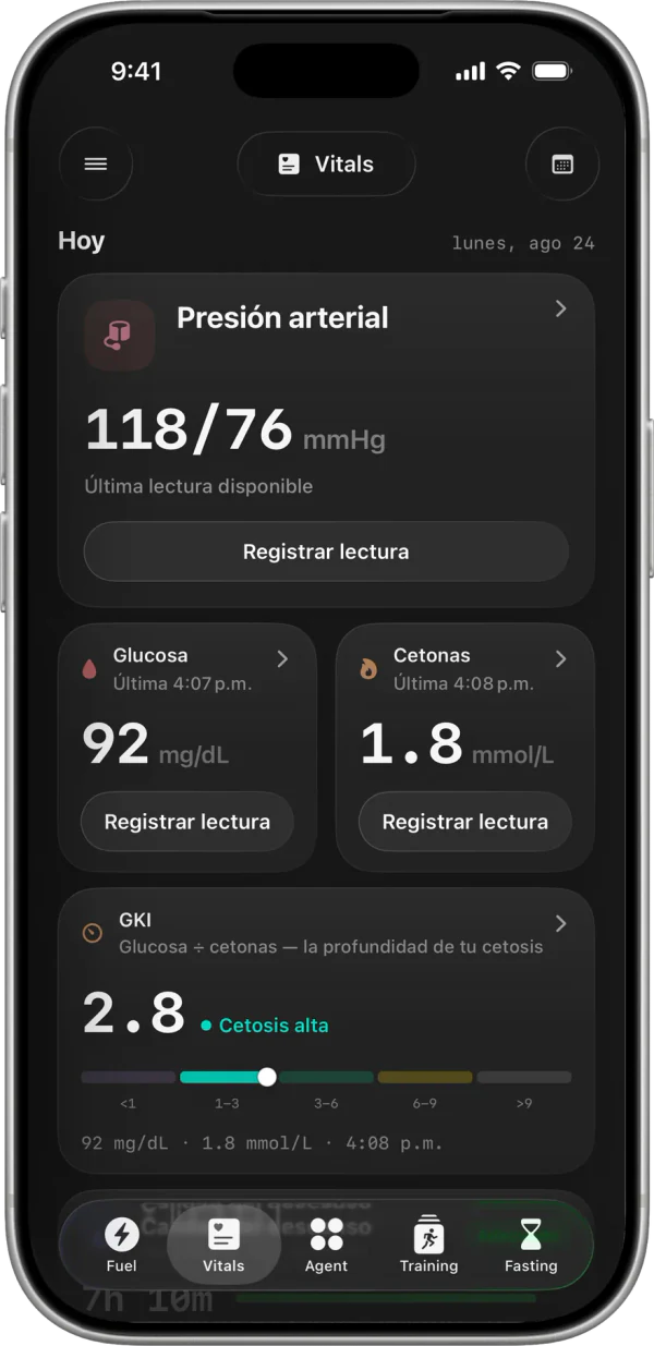 Panel de vitales con presión arterial, glucosa, cetonas y el GKI resultante