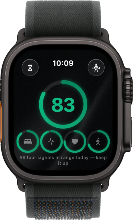 Apple Watch Ultra showing the Human Codex Health Score with the four daily signal rings