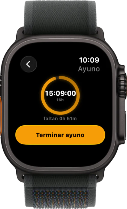 Apple Watch mostrando el temporizador de ayuno de Human Codex con el tiempo restante y un botón para terminar el ayuno