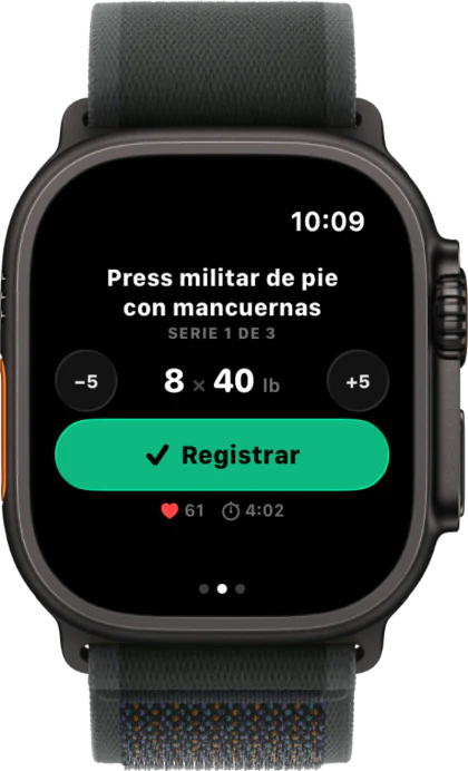Apple Watch mostrando una serie lista para registrar con un toque, con pulso y tiempo de serie