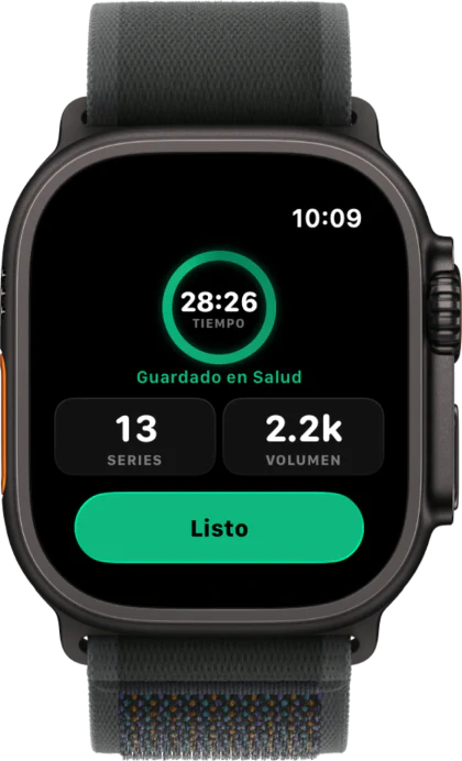 Apple Watch mostrando el resumen del entrenamiento con duración, series y volumen guardados en Salud