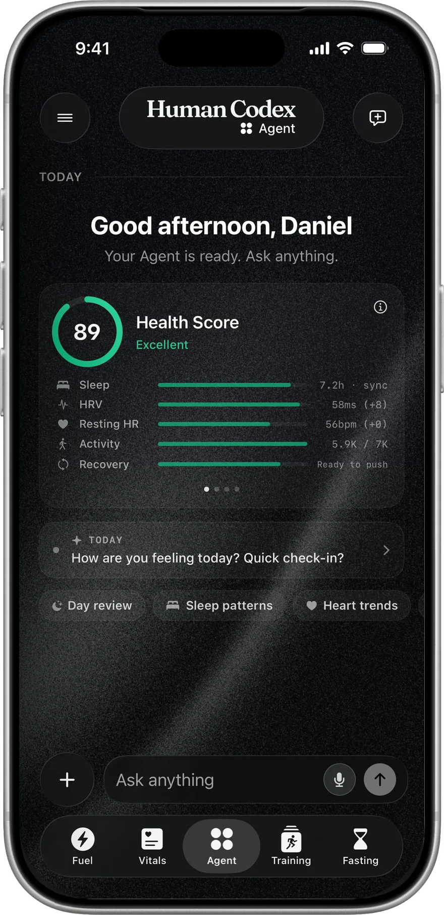 Human Codex Agent home showing a Health Score of 91 with sleep, HRV, resting heart rate, activity, and recovery signals