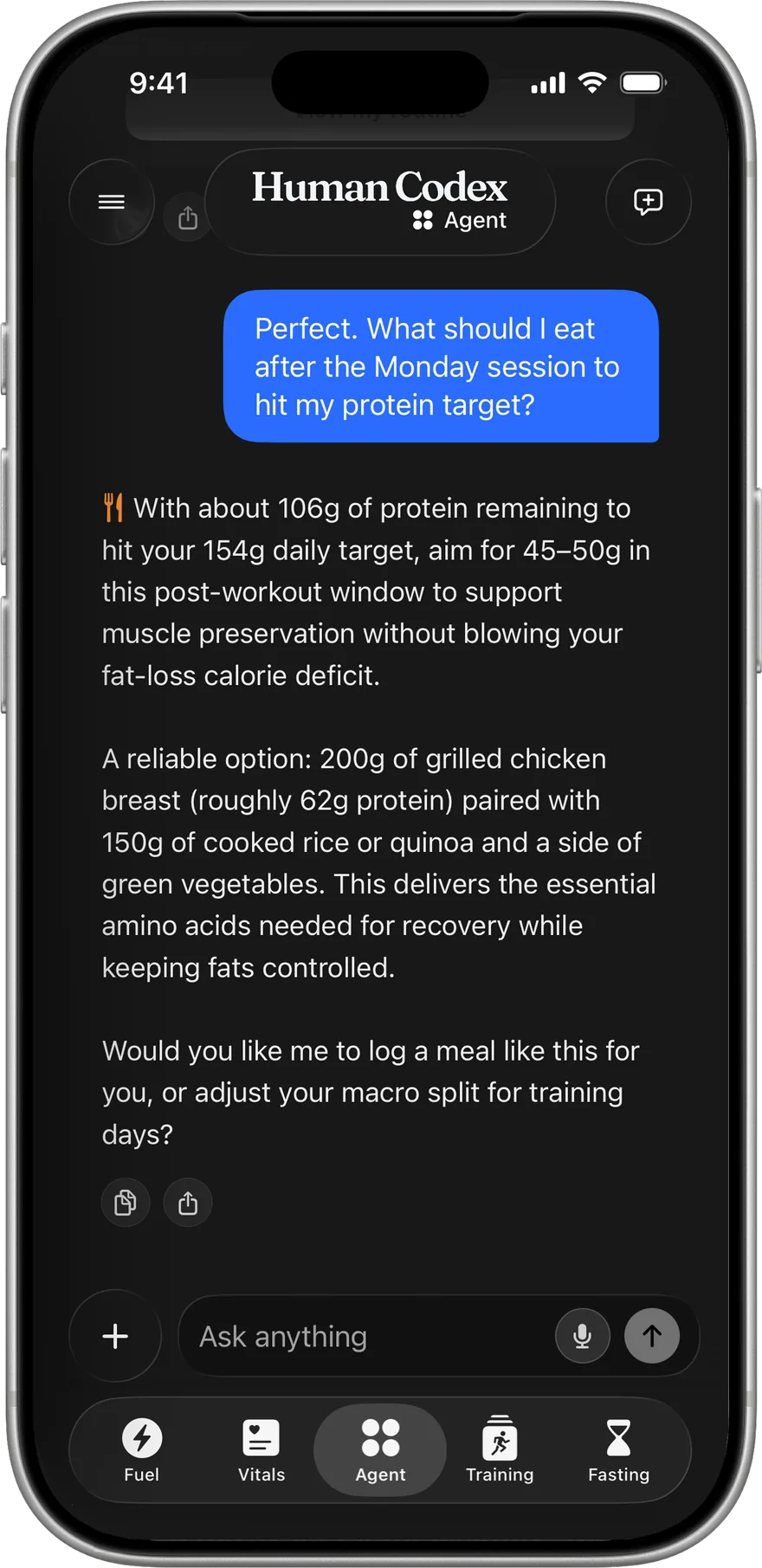 The Agent answering how to hit a protein target with concrete foods and gram amounts