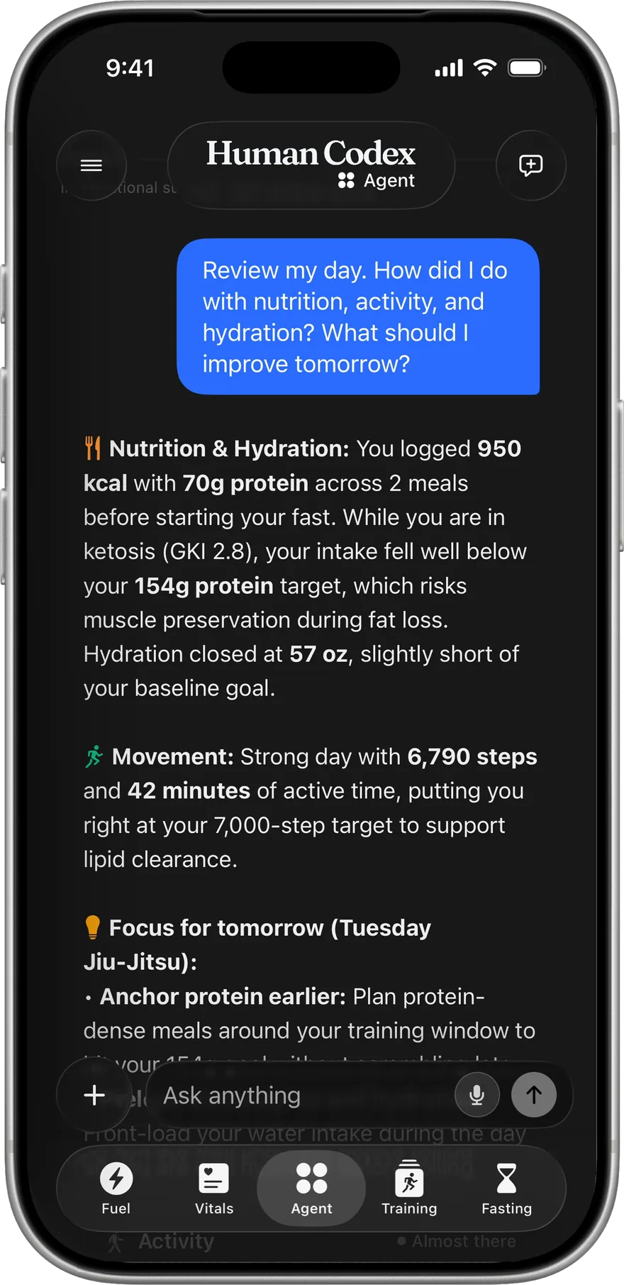 Human Codex Agent reviewing the day across nutrition, hydration, and movement, with a focus for tomorrow