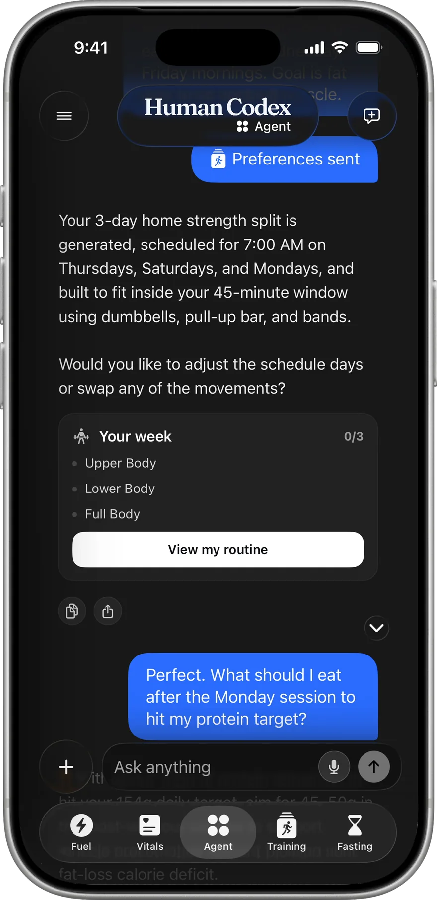 The Agent generating a 3-day home strength split scheduled around the week