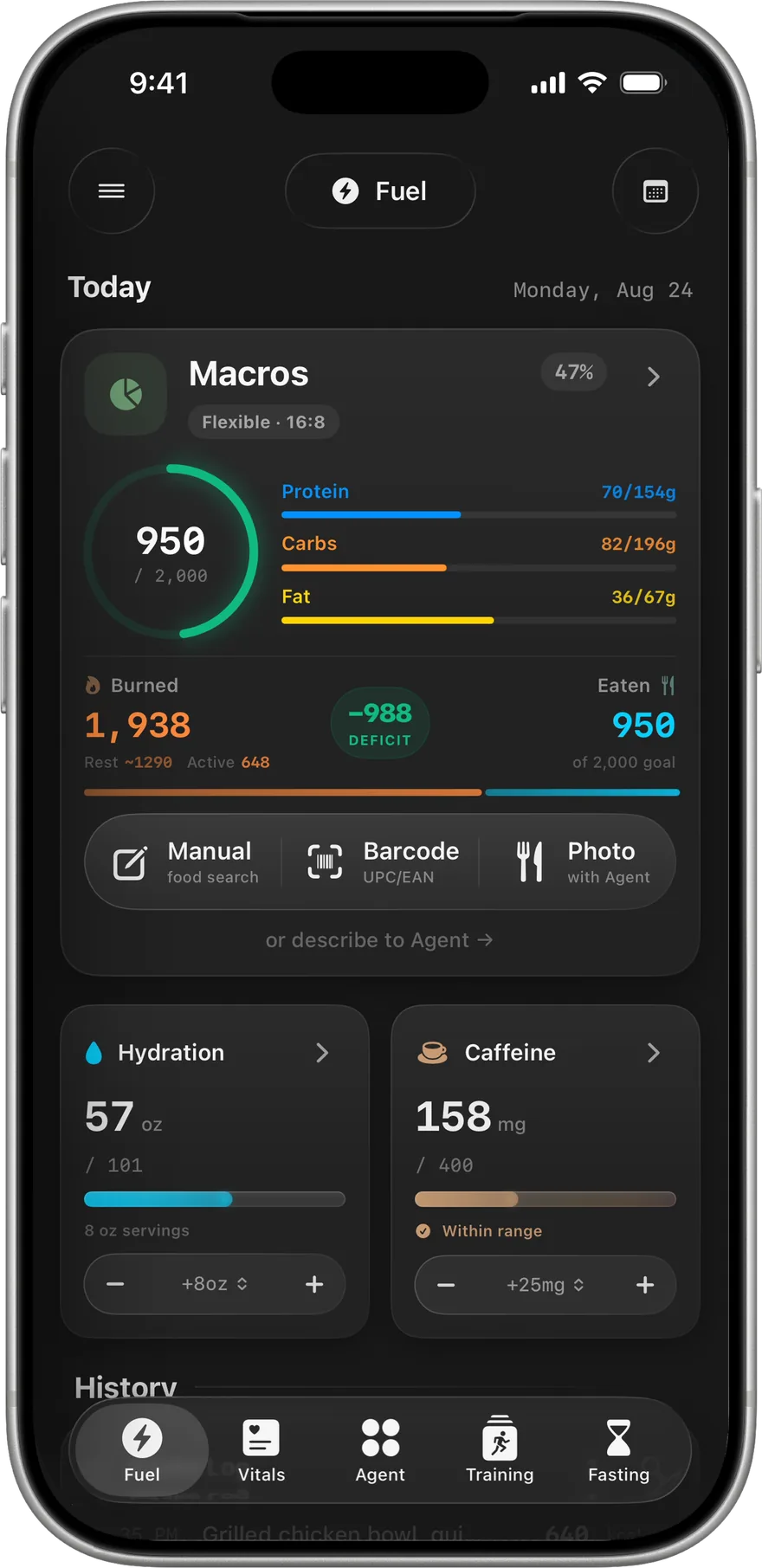 Fuel dashboard with macros, hydration and caffeine
