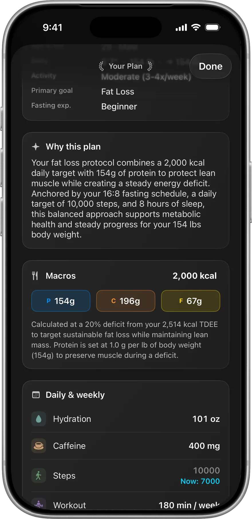 Health Plan explaining the reasoning behind calorie, protein, and activity targets