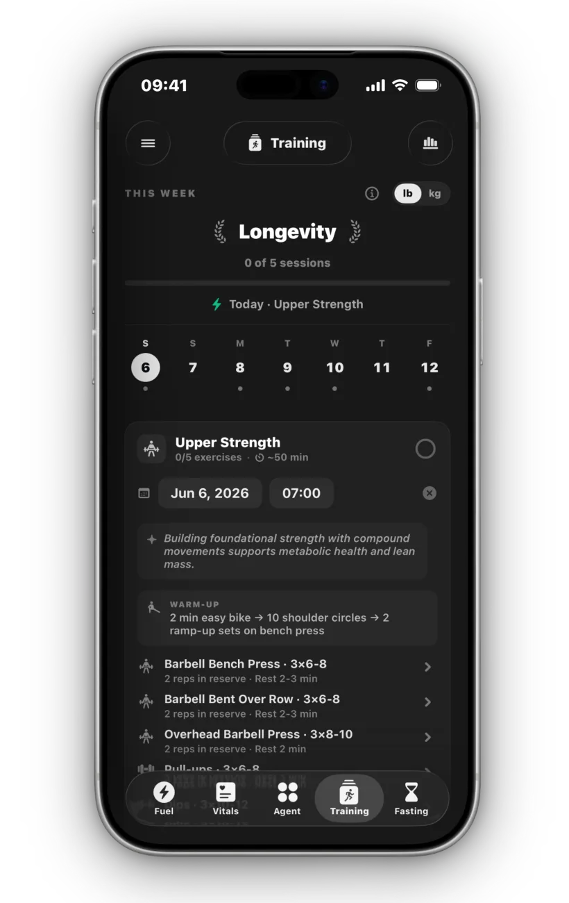 Training plan with a Longevity strength program and scheduled sessions