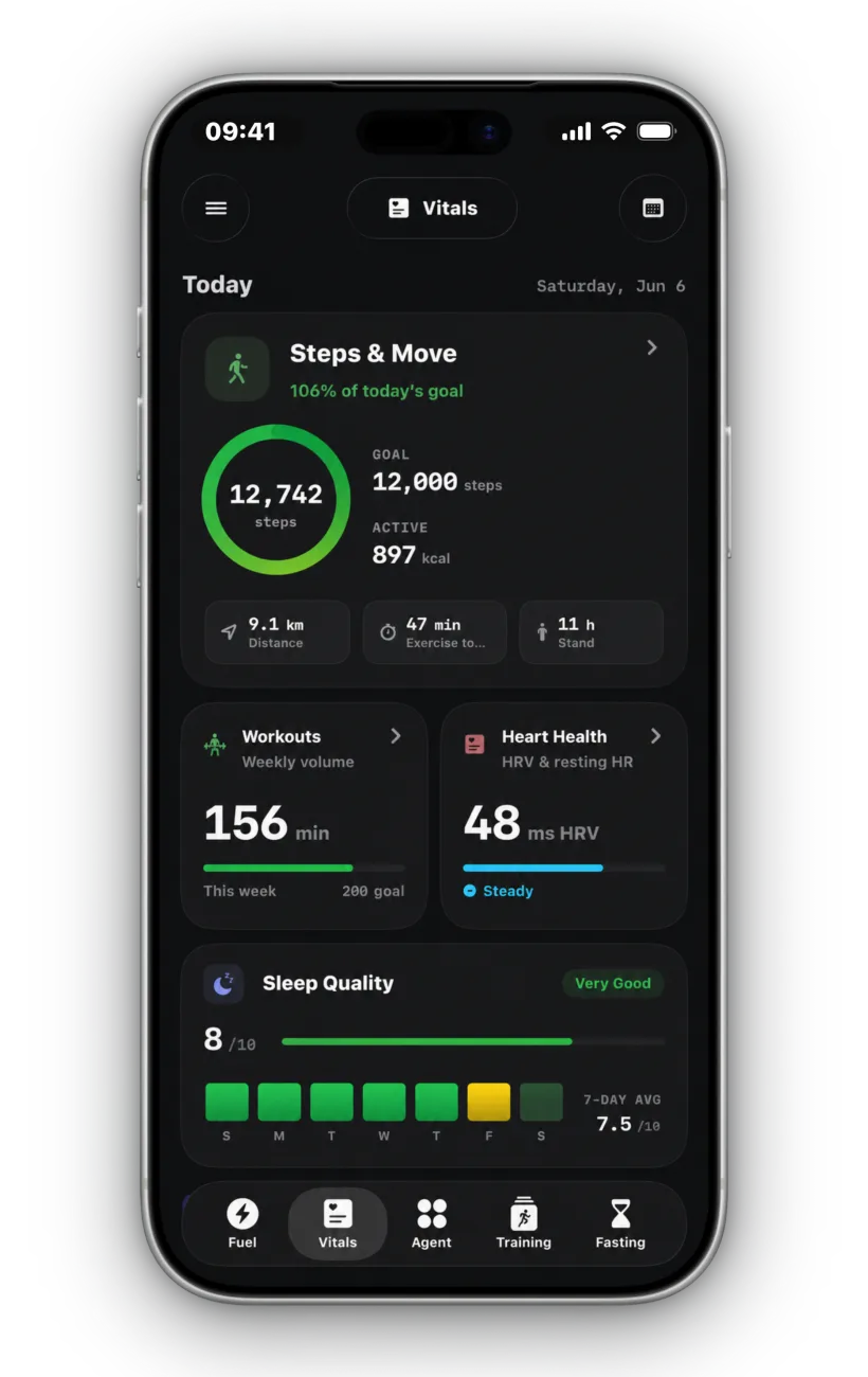 Vitals dashboard with steps, workouts and heart health