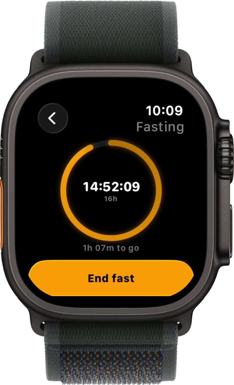 Apple Watch showing the Human Codex fasting timer with time remaining and an End fast button