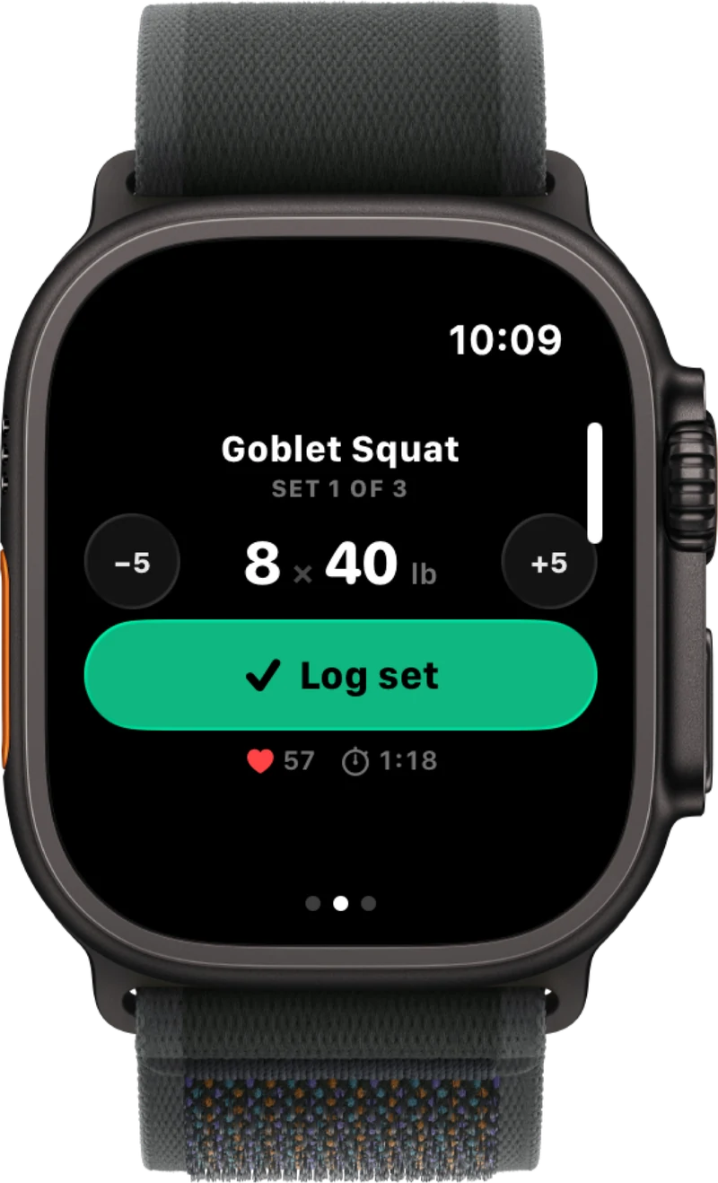 Apple Watch showing a goblet squat set ready to log with one tap