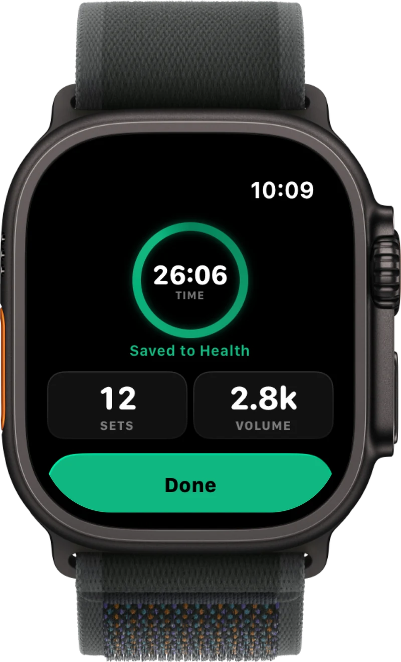 Apple Watch showing a workout summary with duration, sets, and volume saved to Health